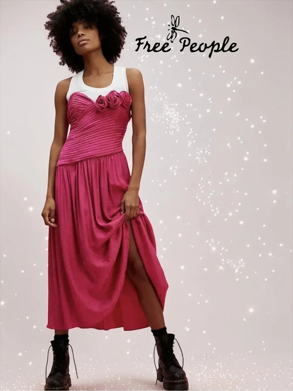 NWT Free People Make An Entrance Strapless Rosette Maxi Dress Fuchsia Size 8